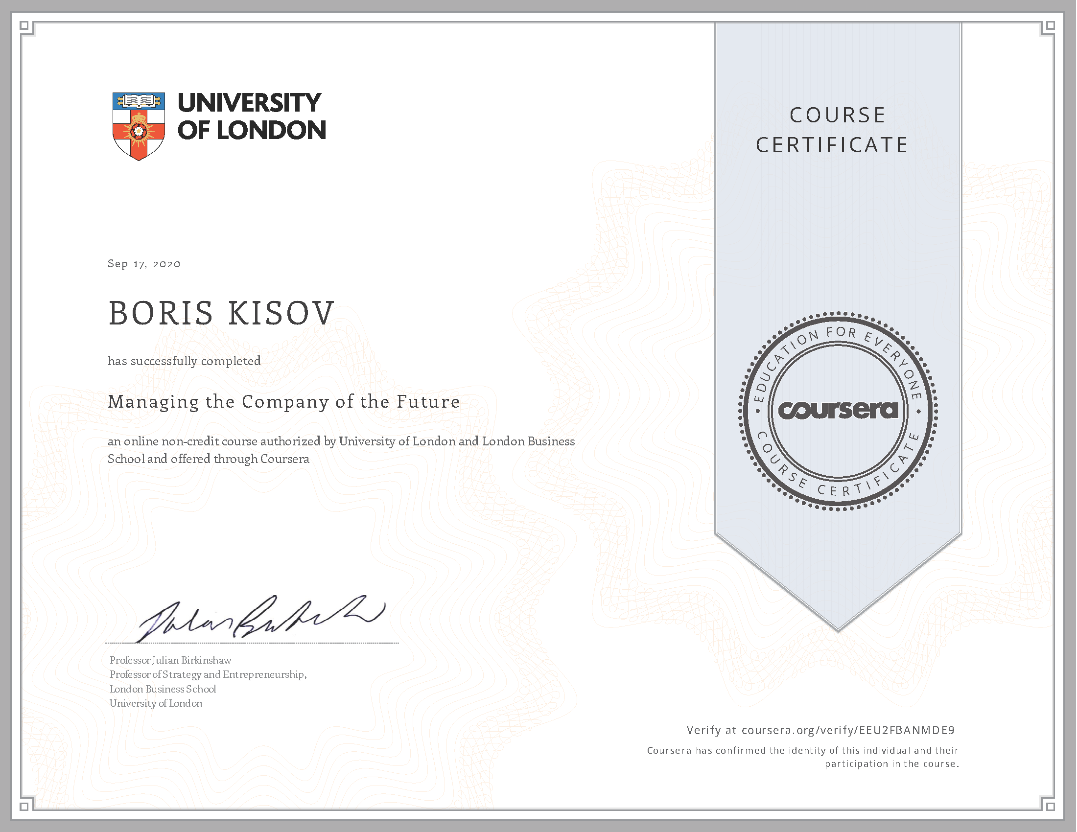 University of London - Managing the Company of the Future