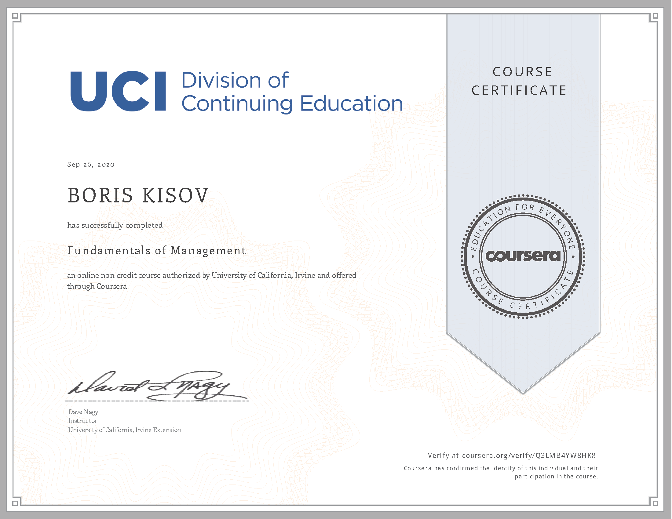  Fundamentals of Management- Certificate