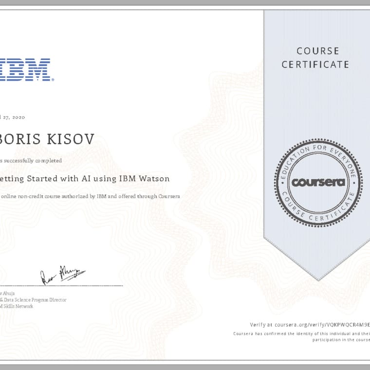 Getting Started with AI using IBM Watson - Certificate