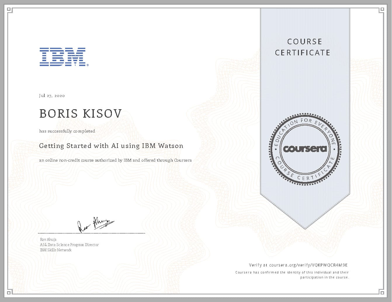 Getting Started with AI using IBM Watson - Certificate