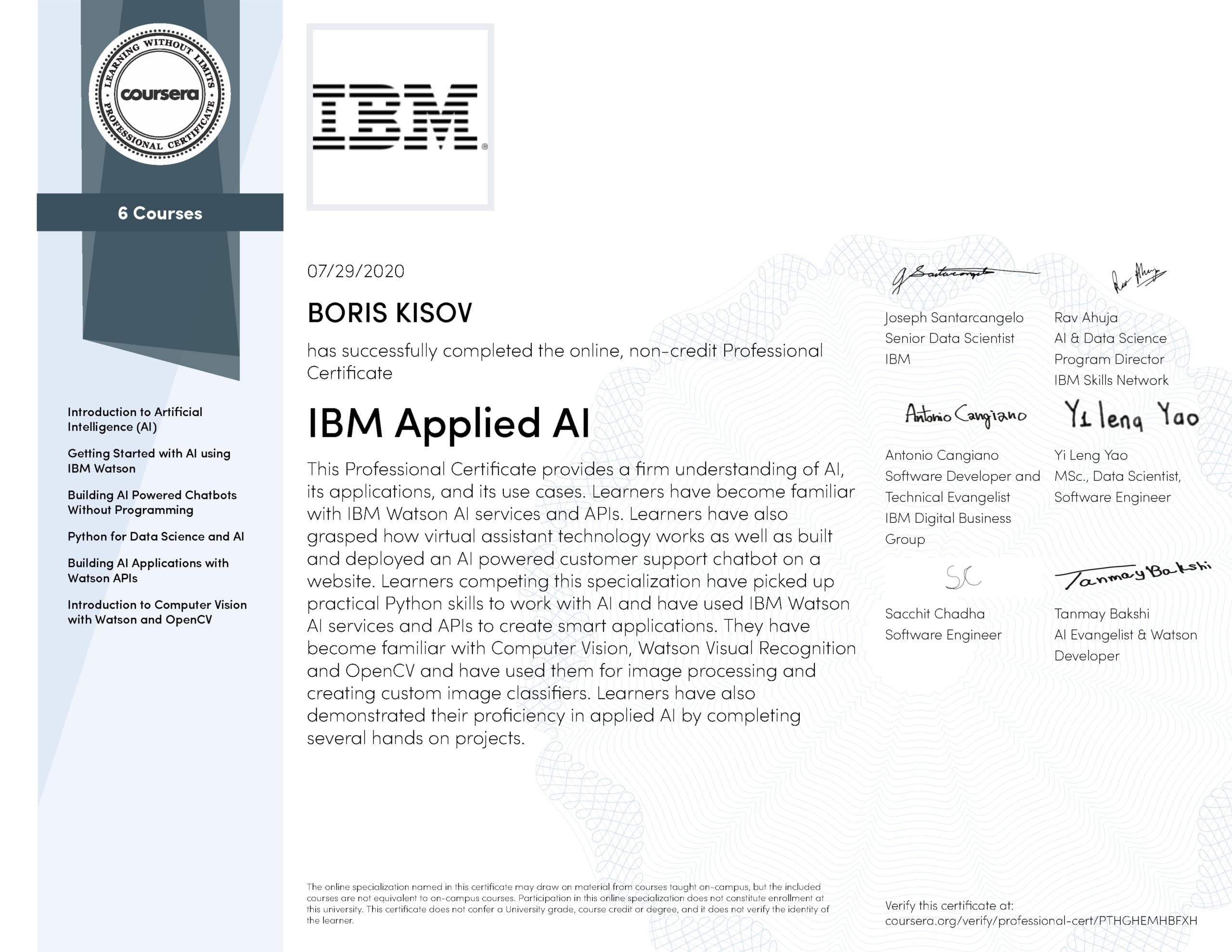 IBM APPLIED AI PROFESSIONAL CERTIFICATE KISOV BORIS